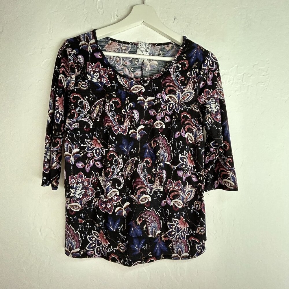 Naif Womens Round Neck Paisley 3/4 Sleeve Top PM Petite Medium Stretch Casual